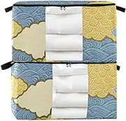 Blue and Gold Japanese Waves and Clouds 60/95 L zippered ornament storage with Reinforced Handles, clear window organizer for bedroom for King Comforter Bedding Pillow Sheet