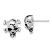 Sterling Silver Rhodium-Plated Antiqued Enameled Skull Post Earrings