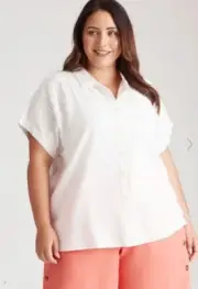 Autograph Top Button Up Plus Size 22 Short Sleeve White Collar Linen Viscose NEW