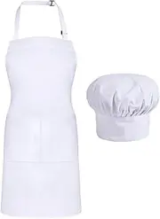 Apron,2 Pack Adjustable Bib Chef Apron Cooking Apron Waterdrop Resistant with 2 Pockets Cooking Kitchen Aprons for Women Men Chef Hat Set H HOME-MART