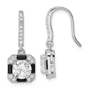 Sterling Silver Rhodium-Plate Cz & Black Nano Crystal Square Earrings