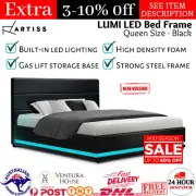 Artiss RGB LED Bed Frame Queen Size Gas Lift Base Light Storage Black Leather