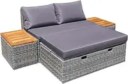 [Devoko] Patio Day Bed with 2 Side Tables Outdoor Daybed Set MultifunctionalRattan Lounge Bed for Backyard Porch Poolside Lawn Beach (Gray)