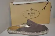 NIB $490 PRADA Espadrille Loafer Mule Slide Flat Shoe Brown Suede EUR 39.5