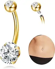 [Milacolato] G23 Solid Titanium Belly Button Rings, 14G Internally Threaded 12mm 14mm Long Bar Belly Ring, Cubic Zirconia Navel Rings for Women Men