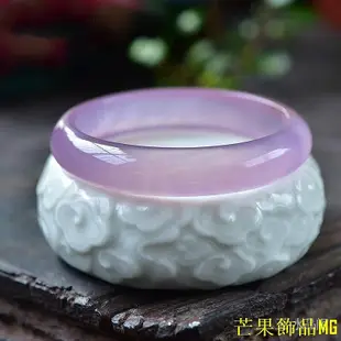 芒果飾品MG【】高冰天然紫羅蘭素色中寬瑪瑙玉髓手鐲女款百搭紫色玉石玉鐲附證書