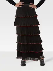 Black Tiered Red Trim Maxi Skirt