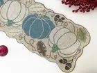 Table runner beaded handmade, blue white pumpkin harvest runner 13x36inch