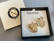Vintage Napier Bow Brooch Crystal Encrusted Gold-Tone Pin in Original Box NIB