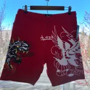 Ed Hardy Men's Shorts Hellcat Tattoo Fleece Red New NWT size M