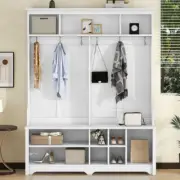 Entryway Coat Rack with Shoe Cubbies with Metal Hooks and Storage Space White