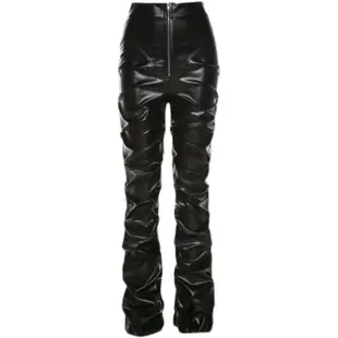 Faux PU Leather Pleated High Waist Black Women Stacked Pant