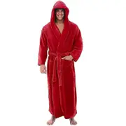 Bathrobes For Men,resort Hotel Home Spa Terry Robe Fleece Robe Plush Long Hooded Bathrobe Red L