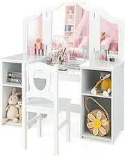 [Honey Joy] 2-in-1 Kids Vanity Table and Chair Set, Dressing Table with Stool, Makeup Table Desk w/Removable Tri-fold Mirror, Multi-functional Girls Vanity Set for Age 3+ (White)