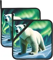 Northern Lights Polar Bear Potholders BBQ Pot Holders for Heat Resistant Potholder, Hot Pads,Cooking Baking(2-Pack)