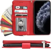 Cavor for iPhone 11 Pro Case,PU Leather Zip Pocket Wallet Flip Cover Case Magnetic Closure Book Design with Kickstand Feature & Card Slots Compartment for iPhone 11 Pro(5.8")-Red