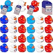 24 Set Patriotic Rubber Ducks Blue Red White Mini Star Ducks with Greeting Cards and Hemp Rope 4th of July Festival Gift for USA Memorial Day Independence Day Party Favors Decor Supplies