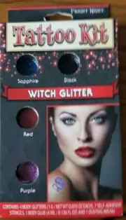Fright Night Tattoo Kit, Witch Glitter 8 Stencils 4 Glitter Colors Glue & Brush