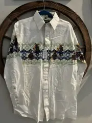 AWESOME - Vintage - White Horse - Pearl Snap Western Button Down Shirt M Medium