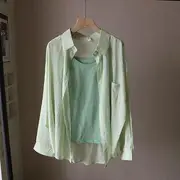 Long-Sleeve Collared Plain Shirt / Plain Cami Top Only Camisole Top - Light Green - One Size