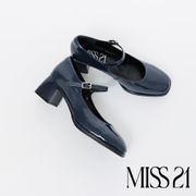 MISS 21 瑪莉珍鞋 方頭鞋 粗跟 高跟鞋 亮感 牛皮 軟漆皮 復古 微甜－藍