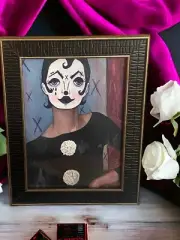 Mime Clown Woman Ooak Framed Painting Art Circus Lady Makeup Original