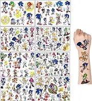 Sonic Temporary Tattoo, 8 Sheets Cute Temporary Tattoos for Kids, Birthday Party Supplies Cartoon Fake Tattoos Stickers Party Favors for Kids Boys Girls