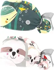 [WOSHJIUK] Working Hat 2 Pack Scrub Caps for Women,Cartoon Turtle Whale House,Tie Back Cap Adjustable Scrub Hat