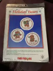 Vtg 1986 Dimensions Holiday Bear Christmas Ornaments Cross Stitch Kit 8339