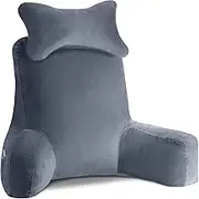 Reading Pillow for Sitting in Bed Adult, Reading Pillow with Shredded Memory Foam, 31'' Bed Reading Pillow with Detachable Neck Roll, Washable Cover, Back Pillow Sitting Up with Extend Arms, XXL, Gery