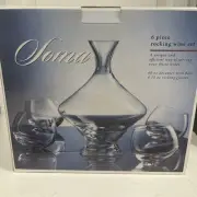NEW CLEAR SOMA 6 PC ROCKING WINE SET DECANTER, BASE AND 4 GLASSES NIB NEVER USED