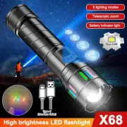 Telescopic Zoom LED Flashlight Tactical Light Bright Torch USB Rechargeable Lamp