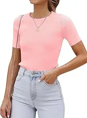 Cuptacc T-Shirt Women's Short Sleeve Crew Neck Slim Fit Knitted Plain Tops Summer Basic Shirts, lightpink, L