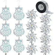 11 pcs Bird Dererrents for Outside Set, 2 pcs Fake Owl Hanging Reflective, 8 pcs Pinwheels with Stakes, 1 Roll of Bird Scare Tape to Keep Birds Away from Garden, Yard, Patio