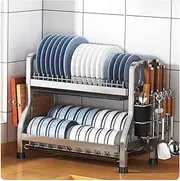 Large Dish Drying Rack with Drainboard - Dish Rack for Kitchen Counter - Dish Drainer Organizer Shelf with Utensil Holder Set - Weight Capacity 60KG,65x26x41cm,Silver