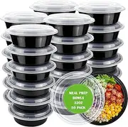 Blissify 32oz Round Meal Prep Containers with Lids, 50 Pack Food Storage Bento Bowls, Reusable Plastic Bento Lunch Box, BPA Free, Microwave Freezer Dishwasher Safe