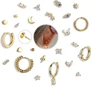 [Krfy] 25Pcs Hypoallergenic Surgical Steel Earrings for Sensitive Ears 14K Gold Plated Flat Back Cartilage Earrings for Women Men Screw Back Flatback Stud Hoop Earring Set for Multiple Piercing
