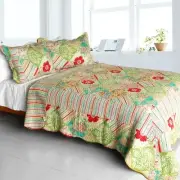 3 PC Springtime Hills floral stripe green red blue 100% Cotton Queen Quilt Shams