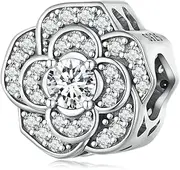 [Teleye] Camellia Charm 925 Sterling Silver Charm Fits For Pandora Bracelet Necklace,SCC2493, Cubic Zirconia, Created Cubic Zirconia