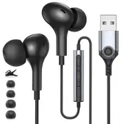 USB Headphones with Microphone for PC USB A Earbuds for PS5 Computer 2.3M Cord Magnetic in-Ear Headset Audio Control Mute Function for Laptop Desktop Notebook Headset for Office Live Broadcast Gaming (Black)