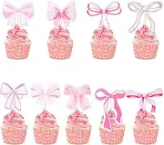 Maxqzin 36 Pcs Bow Cupcake Toppers,Pink Bow Cupcake Toppers Cute Paper Pink Bow Cake Topper for Bachelorette Bridal Engagement Wedding Birthday Party Supplies