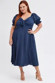 Blue Tie Front Button Midi Dress