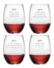 Susquehanna Glass Set of 4 Cat Tales Assortment Stemless Wine Tumblers