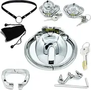 SM Stainless Steel Chastity Belt Men's Chastity Cage with Removable CBT Spikes and Adjustable Cock Ring and Belt Cock Cage Bondage SM Sex Toys(Silver/Xs,57mm)