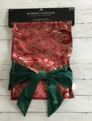 Robert Stanley Home Red Green & Gold Table Runner Jacquard W/Bows 72" x 14"