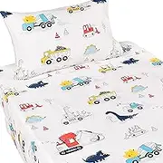 J pinno Dinosaur Construction Work Digger Cars Vehicle Cute Cozy Fun Twin Sheet Set for Kids Girls Children, 100% Cotton, Flat Sheet + Fitted Sheet + Pillowcase Bedding Set (Dinosaur, Twin)