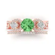 2 Round Cut Pear 3 stone Light Green Ring Band bridal Set 14k Rose solid Gold