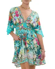 Camilla Silk Short Waisted Mini Dress in Gardens Of Queluz
