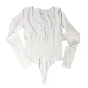 MangoPop Henley White Bodysuit Long Sleeve Snap Front Ribbed White Top Size S