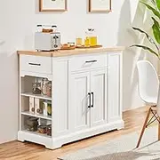 Yaheetech Rolling Kitchen Island Cart with 3 Drawers, Kitchen Storage Cabinet on Wheels with Open Shelves and Inner Adjustable Shelves for Dining Room/Living Room, Thicker Rubberwood Top, White